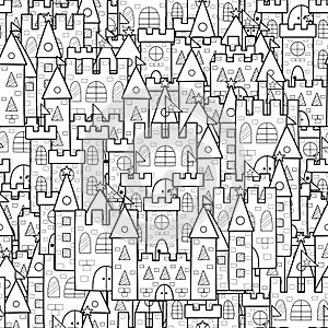 Magic kingdom black and white seamless pattern. Fantasy coloring page