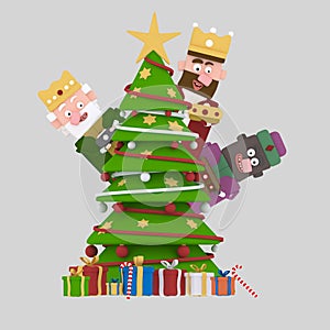 Magic kings behind the xmas tree. 3D