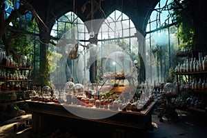 Magic laboratory with objects and experiments with huge windows. Generative AI