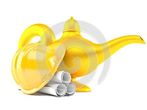 Magic lamp with blueprints and hardhat