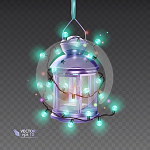 The Magic lamp of purple color, surrounded by luminous garlands, realistic lamp on transparent background, vector