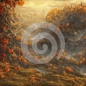 Magic landscape in autumn at misty day. Fall in a valley. Generative AI