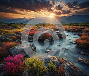 Magic landscape with beautiful colours with river and sunset - Ai image