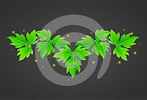 Magic leaves with fireflies on dark background