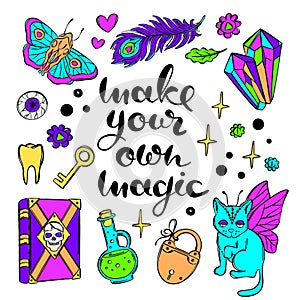 MAGIC LETTERING ILLUSTRATION COLOR Witchcraft Cartoon Vector