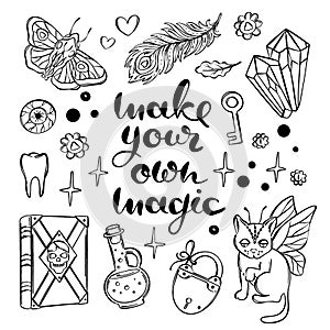 MAGIC LETTERING ILLUSTRATION Witchcraft Cartoon Vector Set