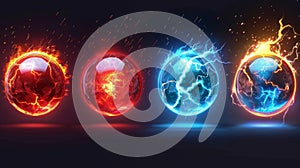 Magic light orb - game energy sphere with fire and lightnings. Realistic modern illustration set with glowing red and