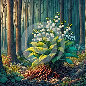 Magic lilies of the valley in the spring forest.