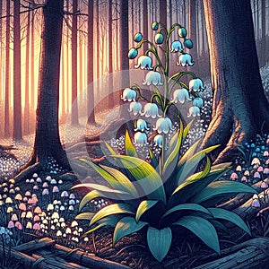 Magic lilies of the valley in the spring forest.