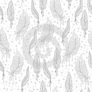 Magic linear feathers and stars seamless pattern vector