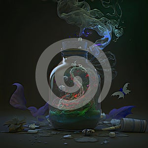 Magic liquid in glass flask. Green liquid, smoke, red droops onside bottle. Fairytale potion staying on grey table