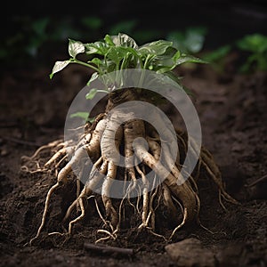 Magic mandrake root, close-up isolated on black, an attribute of witches