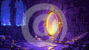 A magic mirror in a golden frame is displayed on a stone wall at night. Cartoon fantasy illustration of a wizard or