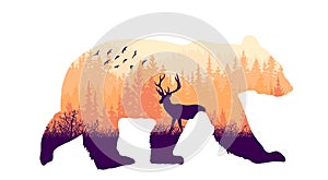 Magic misty forest in silhouette of bear. Trees, deer on meadow in grass, birds. Pink and orange wild landscape illustration.