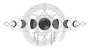 Magic moon phases, mystical sacred lunar phase. Occult astrology tattoo drawing with esoteric geometric elements vector