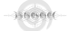 Magic moon with sacred geometry tattoo design. Monochrome hand drawn vector illustration, isolated on white background