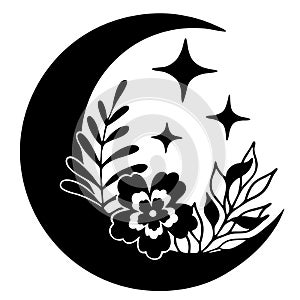 Magic moon with stars and flowers on white background.