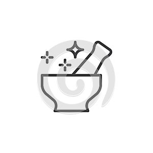 Magic mortar and pestle outline icon