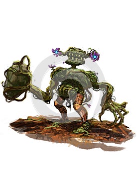 Magic mossy rock creature with armored legs isolated on white background - digital fantasy painting