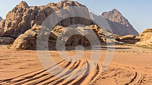 Magic mountain landscapes of Wadi Rum Desert, Jordan. Mountains in lifeless desert resemble Martian craters