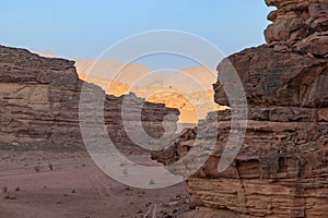 Magic mountain landscapes of Wadi Rum Desert, Jordan. Mountains in lifeless desert resemble Martian craters.