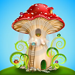 Magic mushroom. Fairy house red mushroom with  owls
