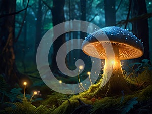 Magic mushroom in the forest at night. Fairytale landscape