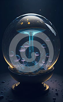 A magic mushroom in a glass ball, galaxy cosmos background, shadow, light rays, atmospheric, concept art.