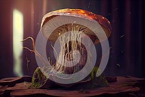 magic mushroom growing from decaying tree stump