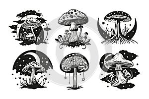 Magic mushroom with moon and stars set. Vector silhouette, black line contour drawing celestial fungus collection.