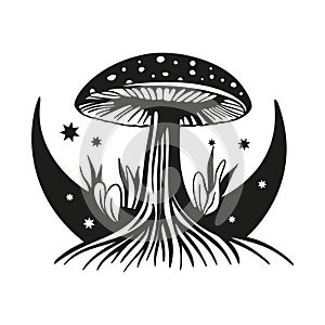 Magic mushroom moon vector silhouette, black line contour drawing. Celestial print