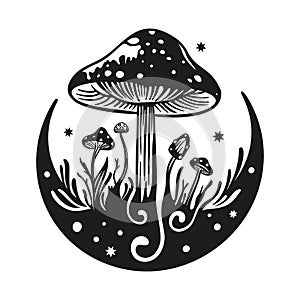 Magic mushroom moon vector silhouette, black line contour drawing. Celestial print