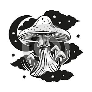 Magic mushroom moon vector silhouette, black line contour drawing. Celestial print