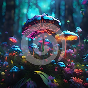 Magic mushrooms on a dark background, AI generative