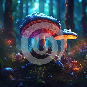 Magic mushrooms on a dark background, AI generative