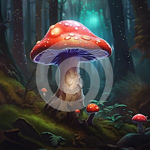 Magic mushrooms on a dark background, AI generative