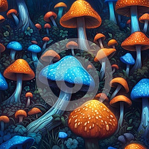 Magic mushrooms on a dark background, illustration in sketch style