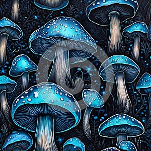 Magic mushrooms on a dark background, illustration in sketch style