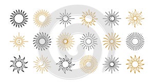 Magic and mystic sun and star ancient line symbols, meditation elements. Vector set