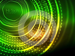 Magic neon circle shape abstract background, shiny light effect template for web banner, business or technology