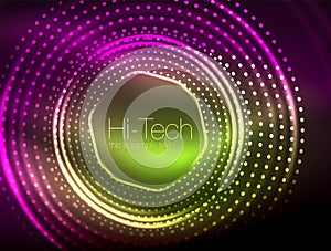 Magic neon circle shape abstract background, shiny light effect template for web banner, business or technology