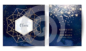 Magic night dark blue cards with sparkling glitter bokeh and line art.
