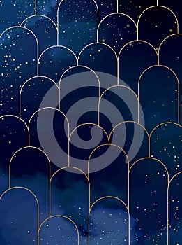 Magic night dark blue sky with sparkling stars. Gold glitter powder splash vector background