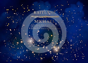 Magic night dark blue sky with sparkling stars vector wedding invitation. Andromeda galaxy. Gold glitter powder splash background