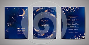 Magic night dark blue sky with sparkling stars wedding invitation. Set of Save the Date Cards with gold glitter powder