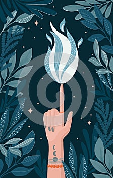 Magic night glow flame art. Navy blue metaphysical power spirit illustration for metaphorical cards