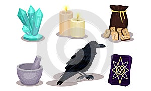 Magic Objects Collection, Witchcraft Symbols, Raven, Mortar and Pestle, Candles, Maic Crystal Vector Illustration