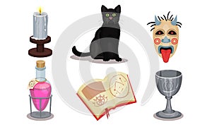Magic Objects Collection, Wizardry and Witchcraft Symbols, Book, Flask of Potion, Black Cat, Candle, Mask Vector
