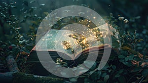 Magic open book with glowing lights and magic powder floating on the book.