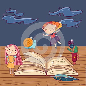 Magic open book, quill pen and cup with flower on wooden table. Fantasy characters cute girl fairies with wings, little